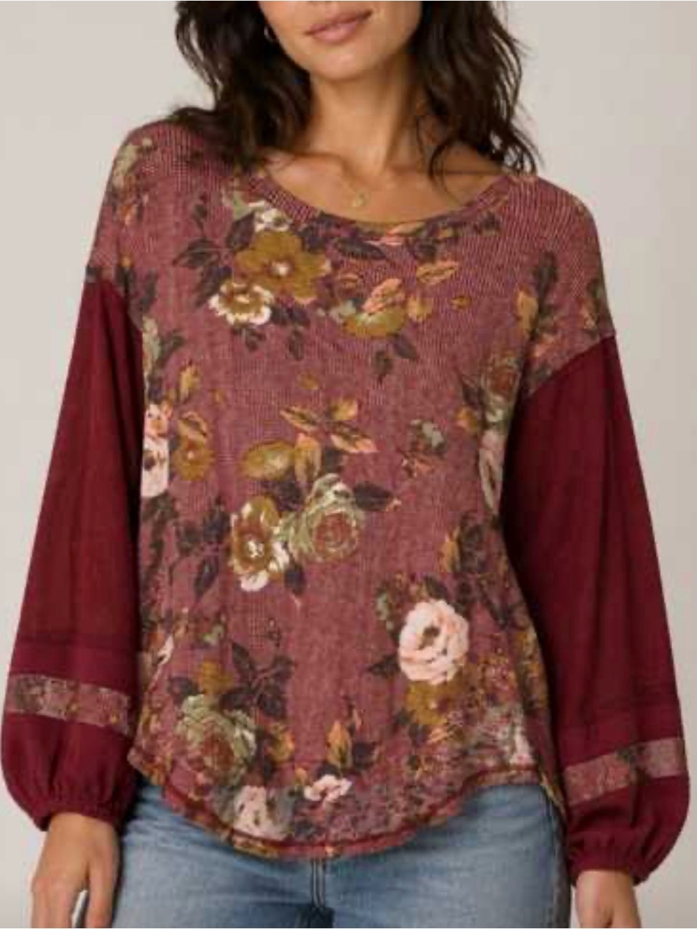 Free People Burgundy Floral Mixed-Media Long Sleeve Top